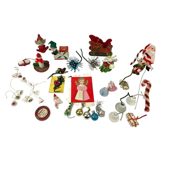 VTG Lot of 30 Holiday Ornaments Christmas Santa Plastic Fabric Angel Wooden MCM - Picture 1 of 16